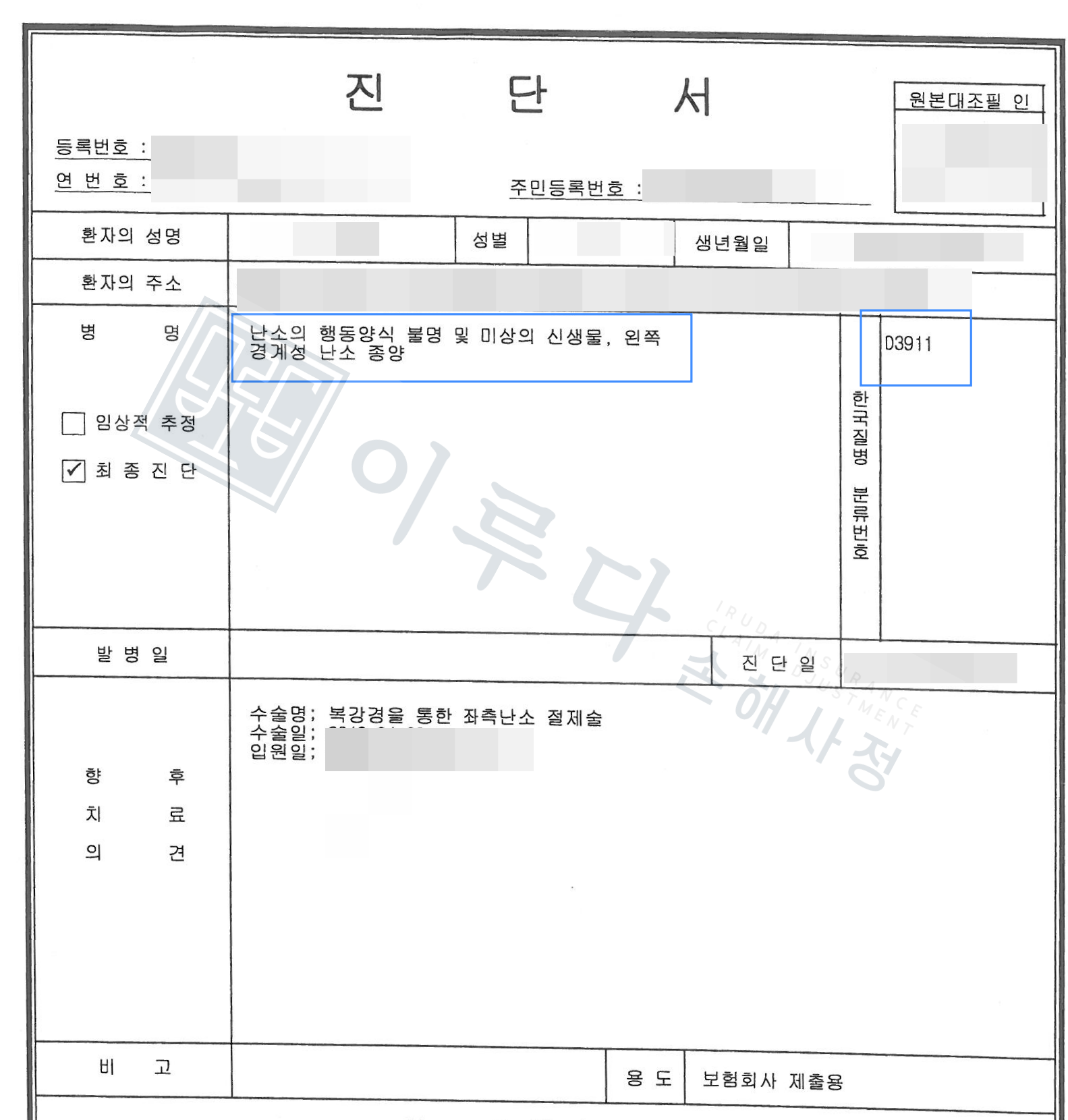 [D391] 난소경계성종양 손해사정사례 이루다 성공사례 썸네일